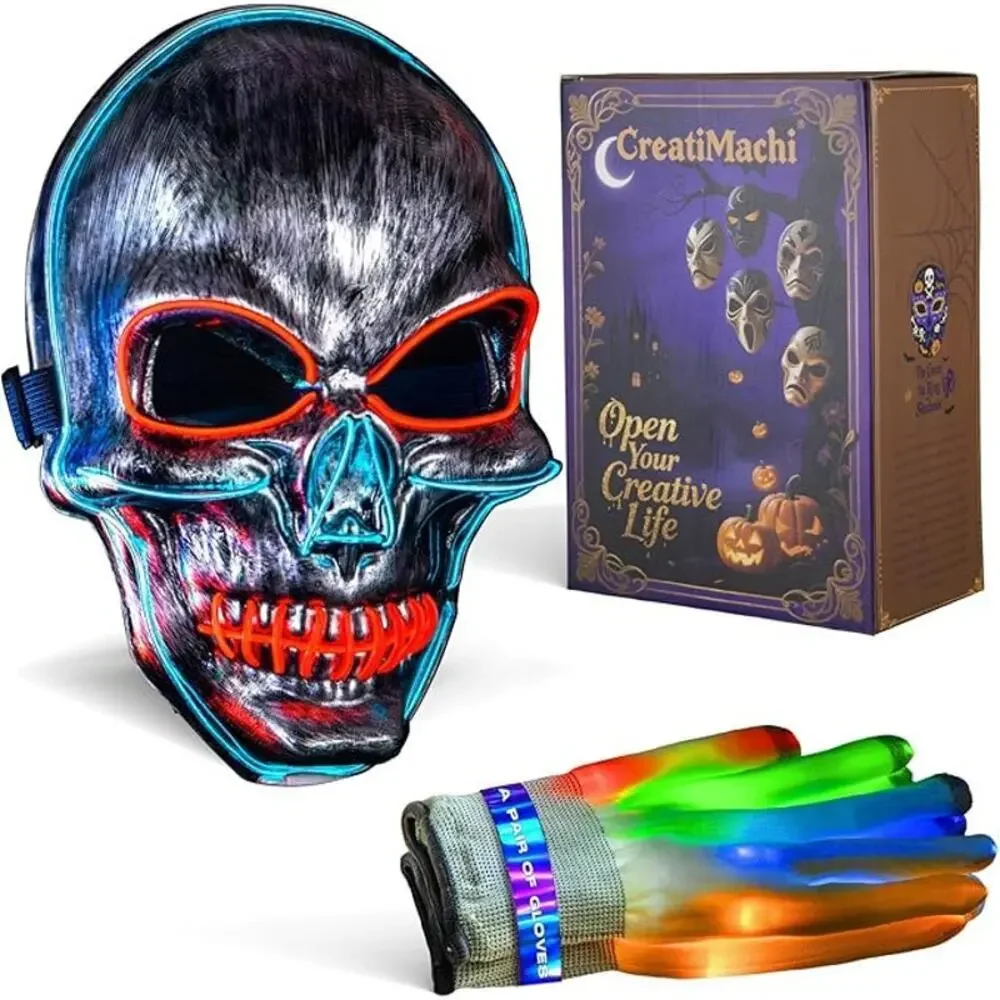 LED Mask Gloves Set Adult Teen Skeleton Glow Halloween Scary Light Up Costume